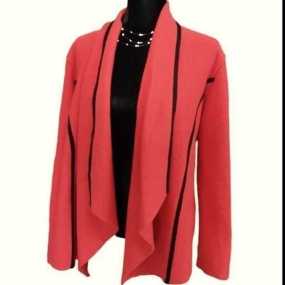 Vintage Chico'S Jacket 100% Wool Blazer Open Cardigan Wide Lapels Red Black Sz 3 - Picture 1 of 13